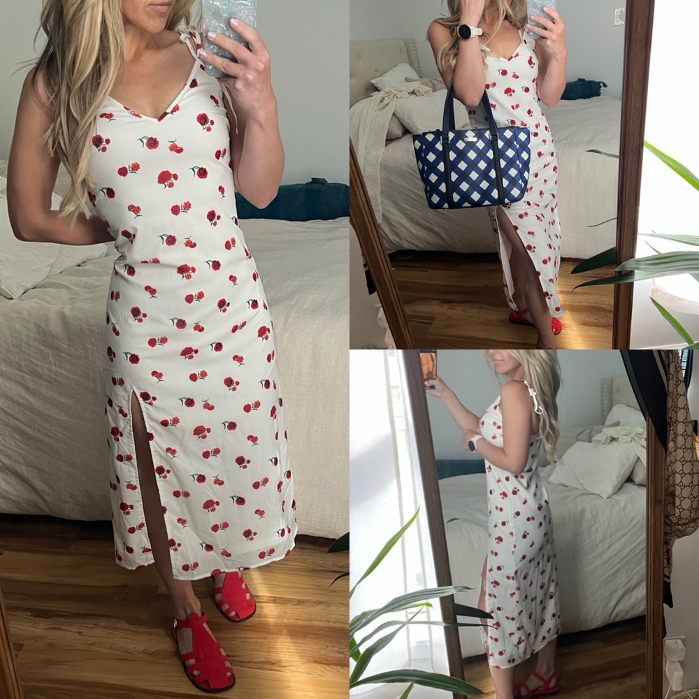 Princess Polly White floral Rose Print Tie Strap Midi Dress with Leg Slit